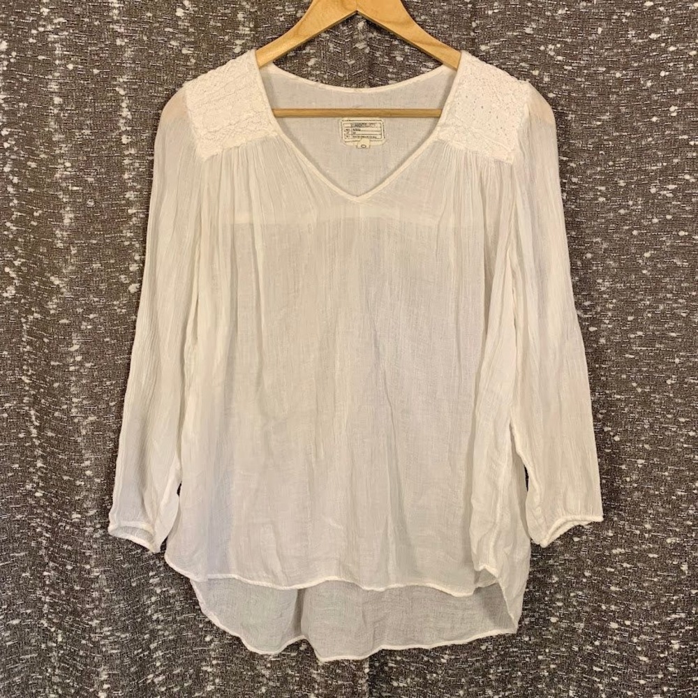 Current Elliott Crochet V-Neck Peasant Blouse White Boho Gauze Top Women's 0